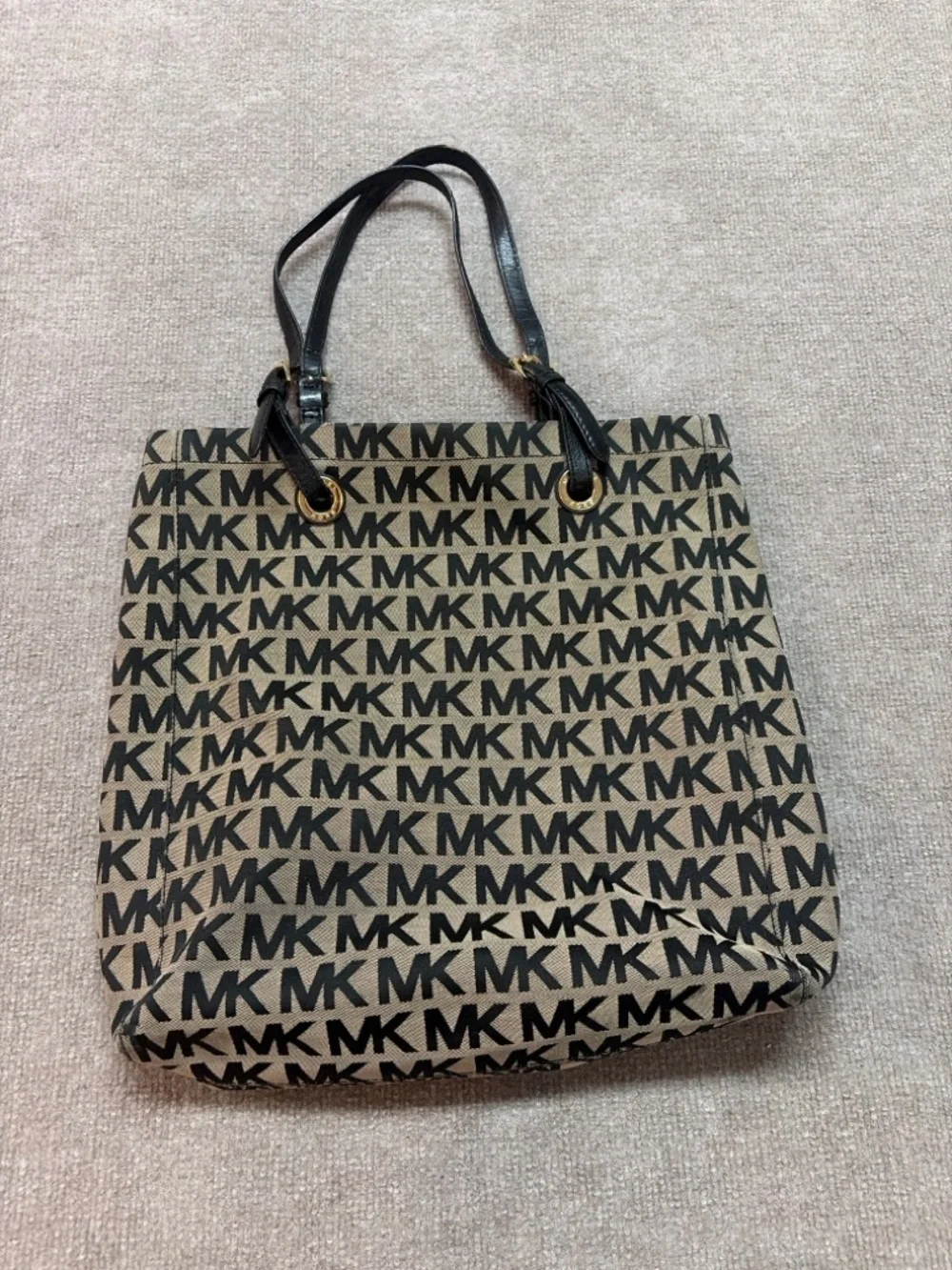 Michael Kors Black and Beige Canvas MK Tote Bag